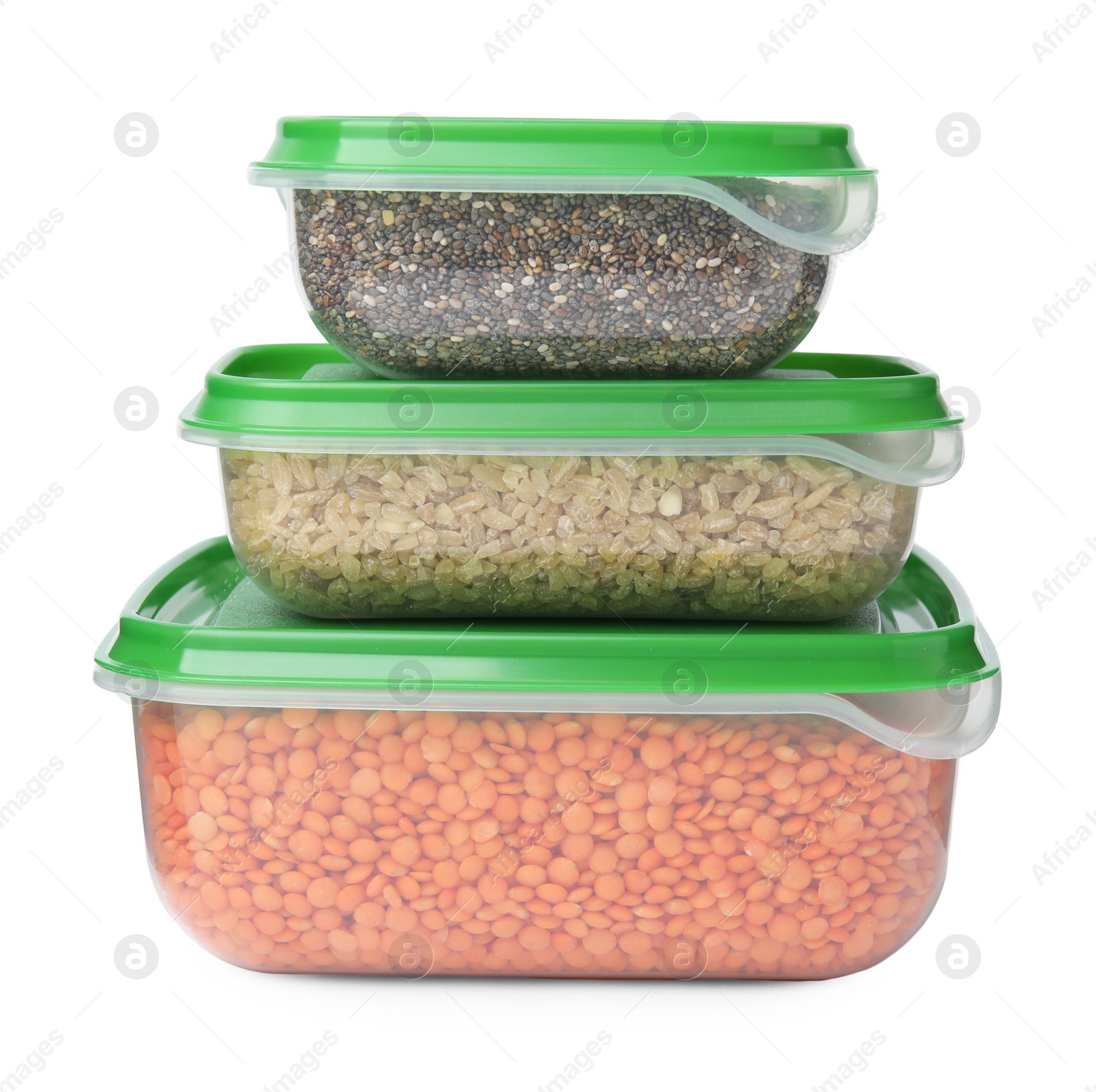 Photo of Plastic containers filled with food products isolated on white