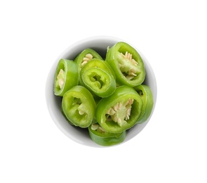 Photo of Bowl with cut chili peppers on white background, top view