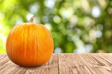 Image of Fresh pumpkin on wooden table against blurred greenery. Space for text