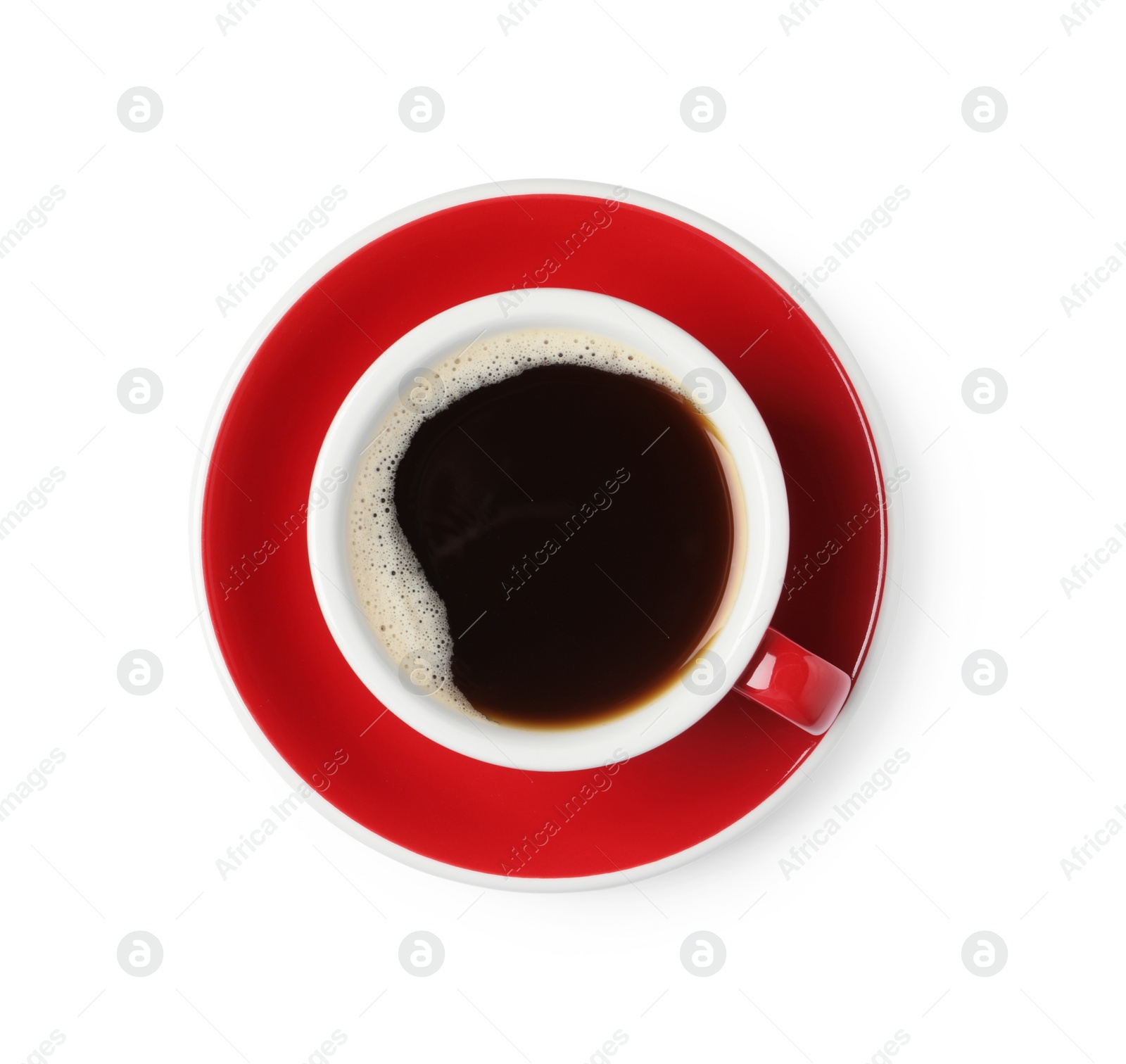 Photo of Tasty coffee in cup isolated on white, top view