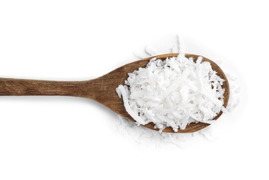 Coconut flakes in wooden spoon isolated on white, top view