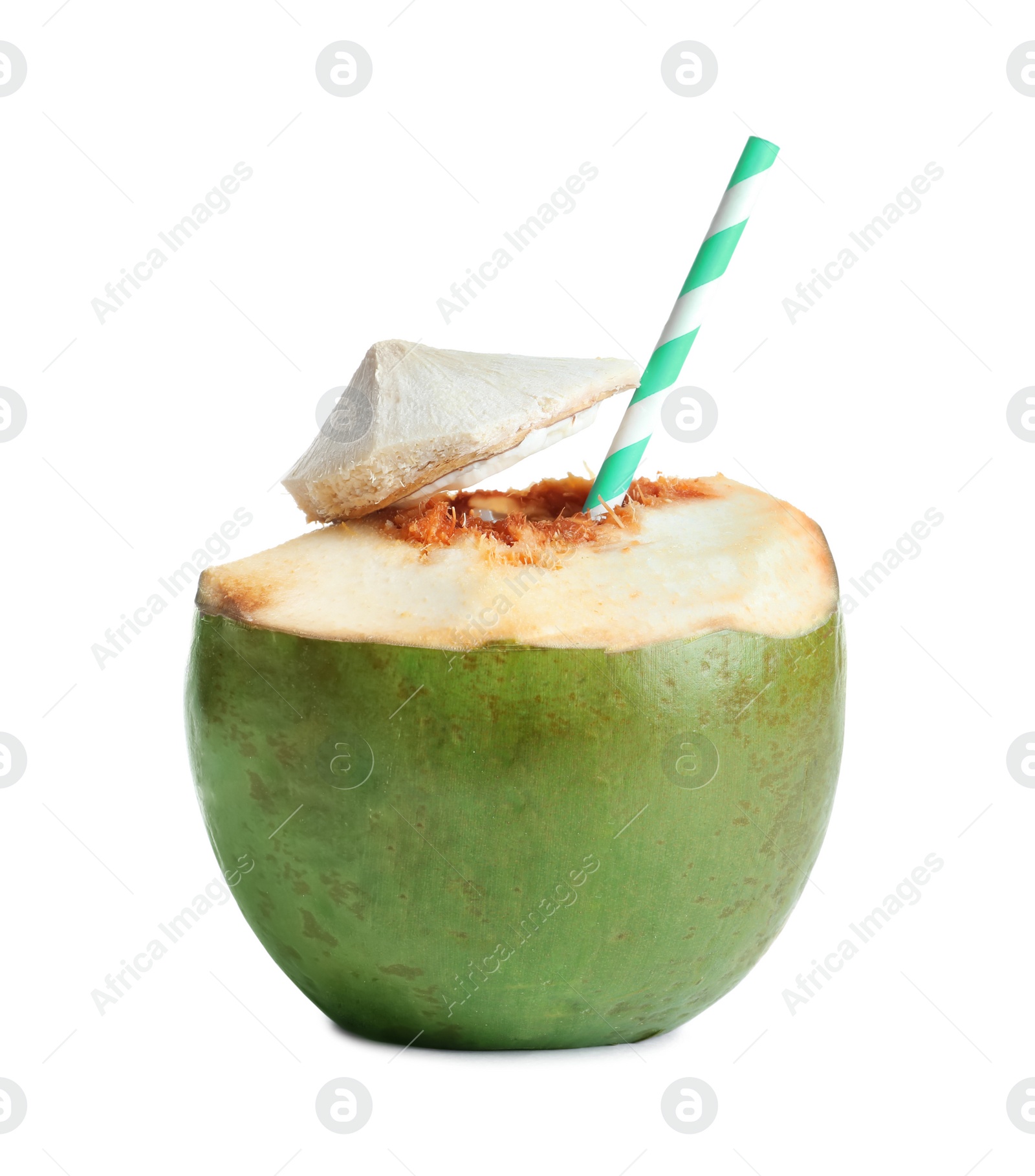 Photo of Fresh green coconut with drinking straw on white background