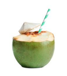 Fresh green coconut with drinking straw on white background