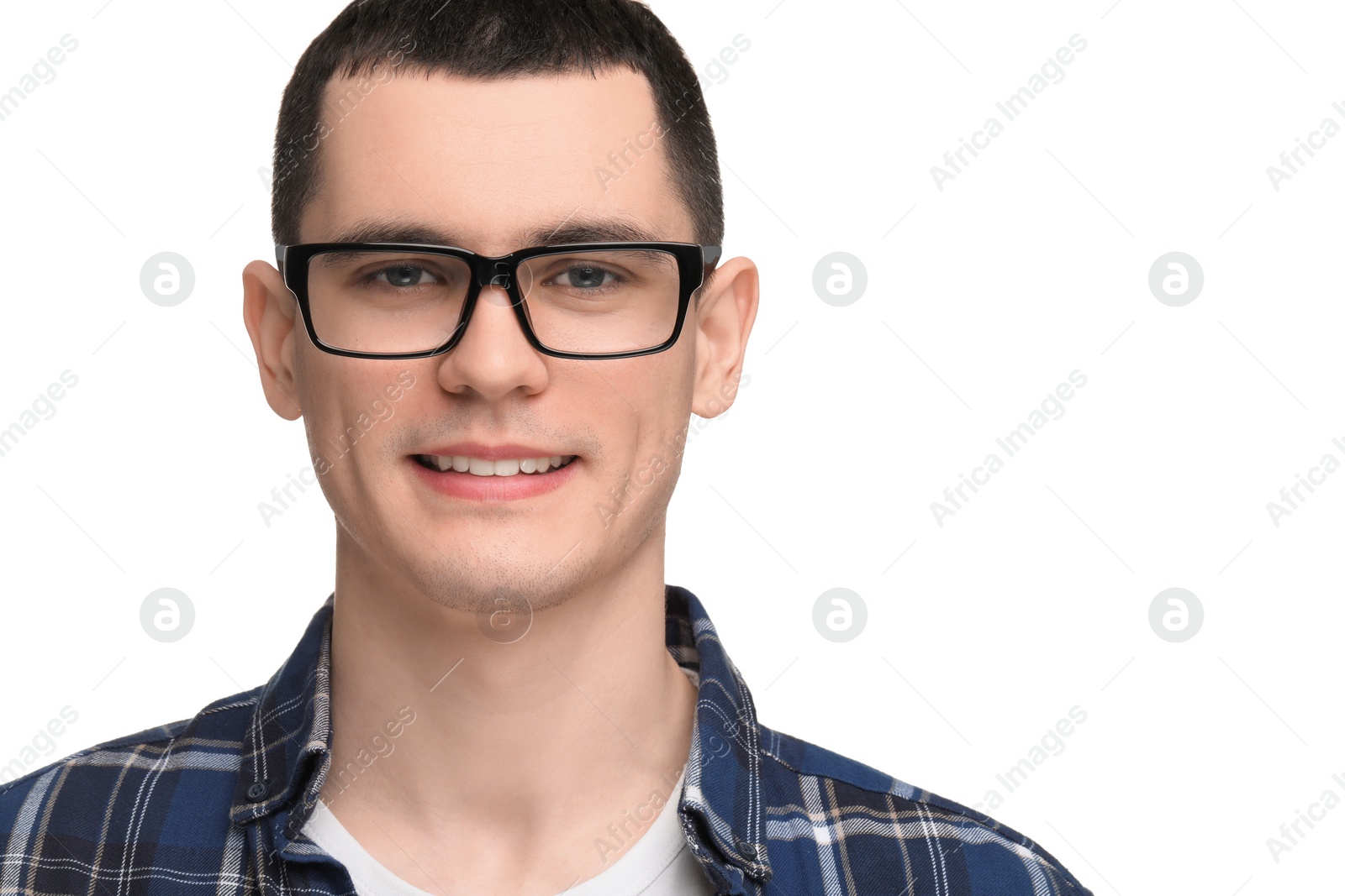 Photo of Young man with glasses on white background