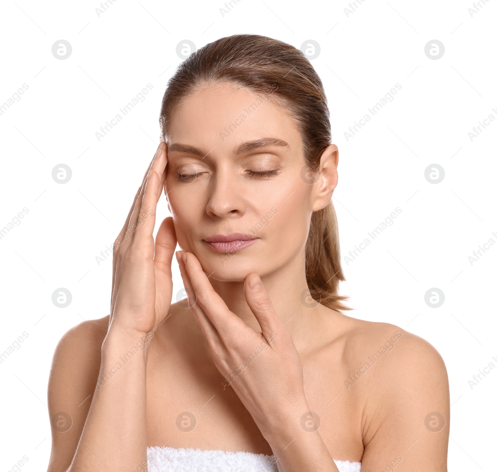 Photo of Woman massaging her face on white background