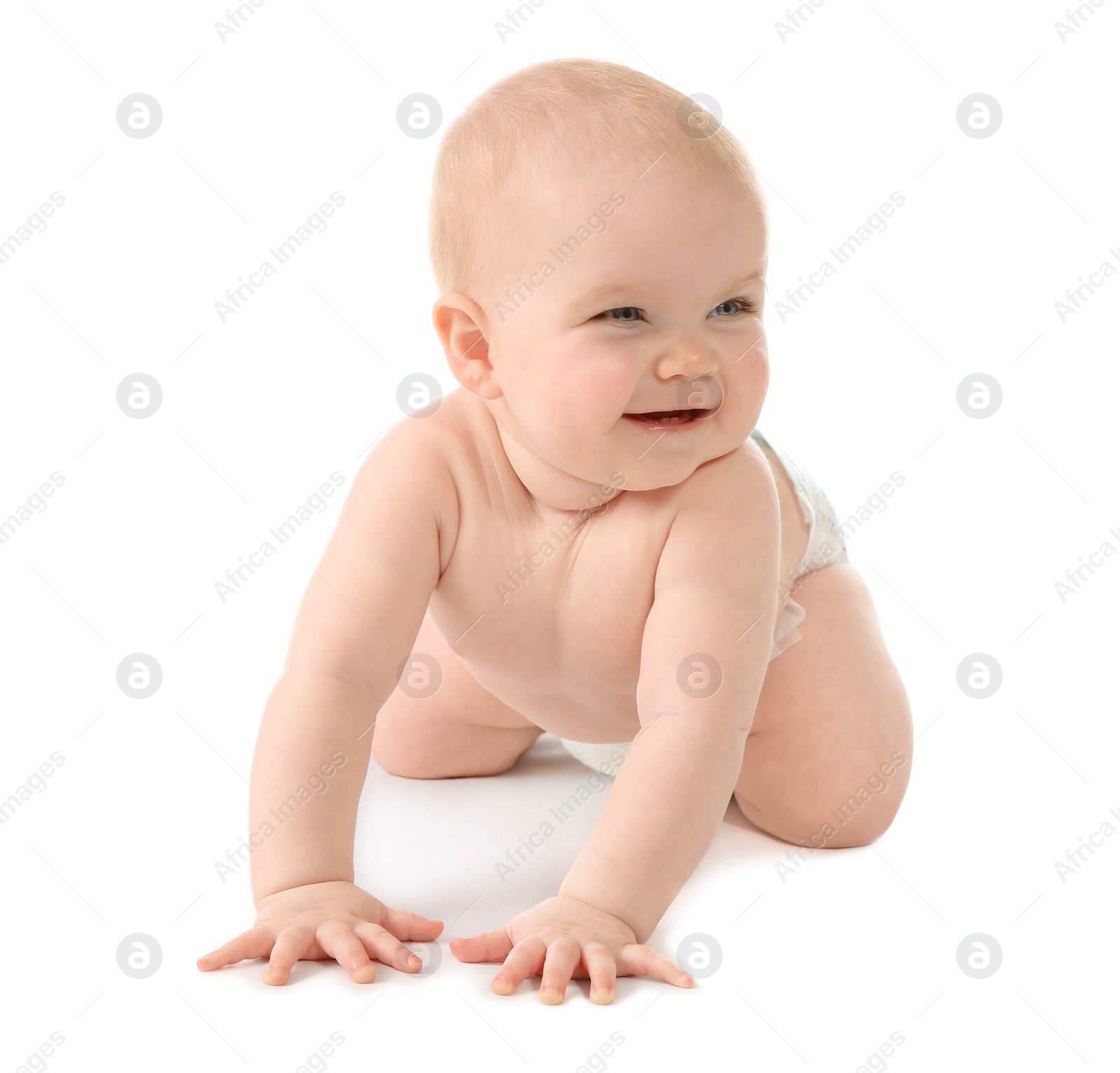 Photo of Cute little baby crawling on white background