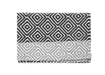 Photo of Kitchen towel with beautiful pattern isolated on white, top view