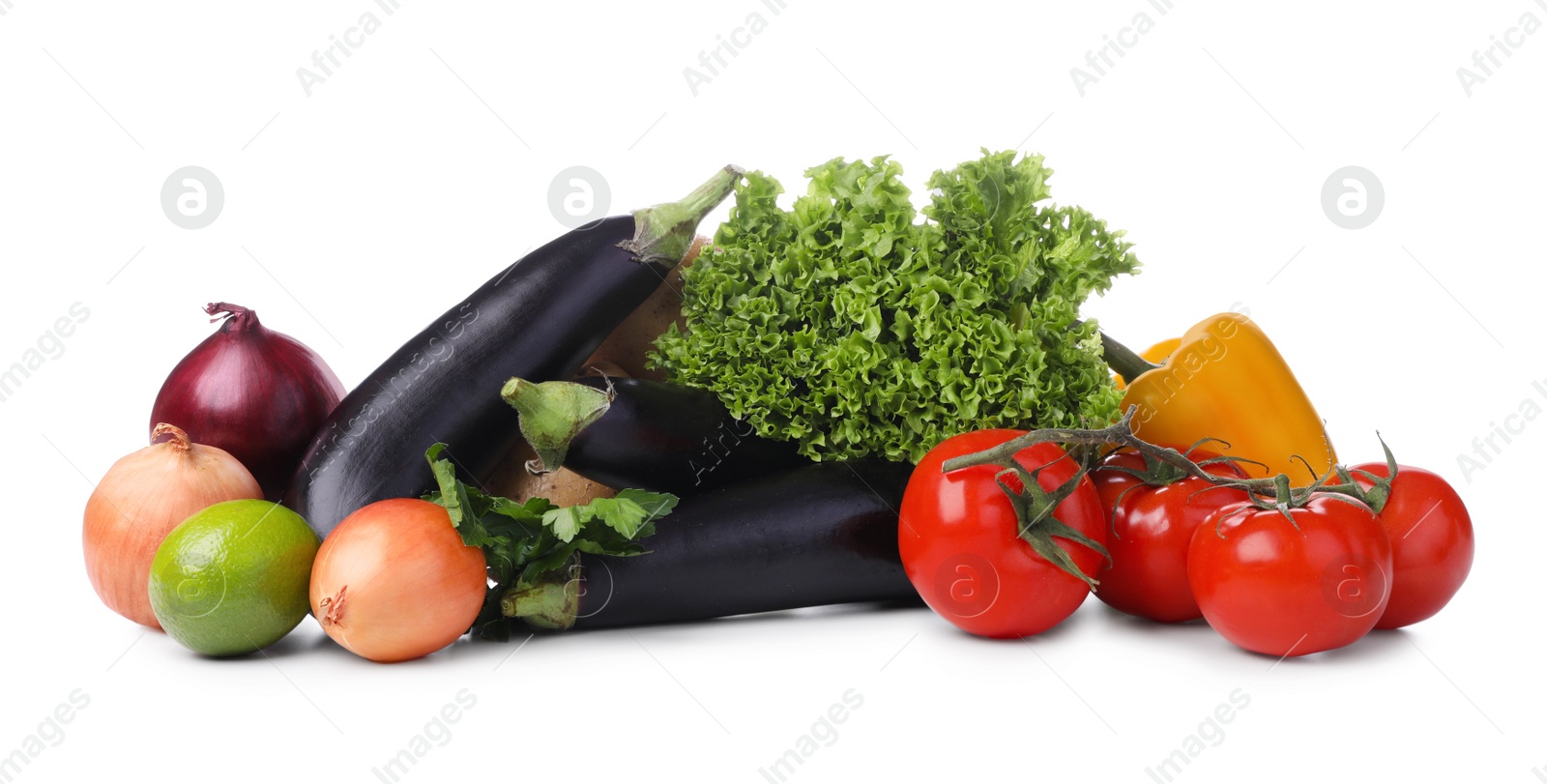 Photo of Heap of fresh ripe vegetables and fruit on white background