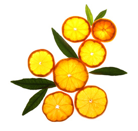 Photo of Slices of fresh ripe tangerines and leaves isolated on white, top view. Citrus fruit