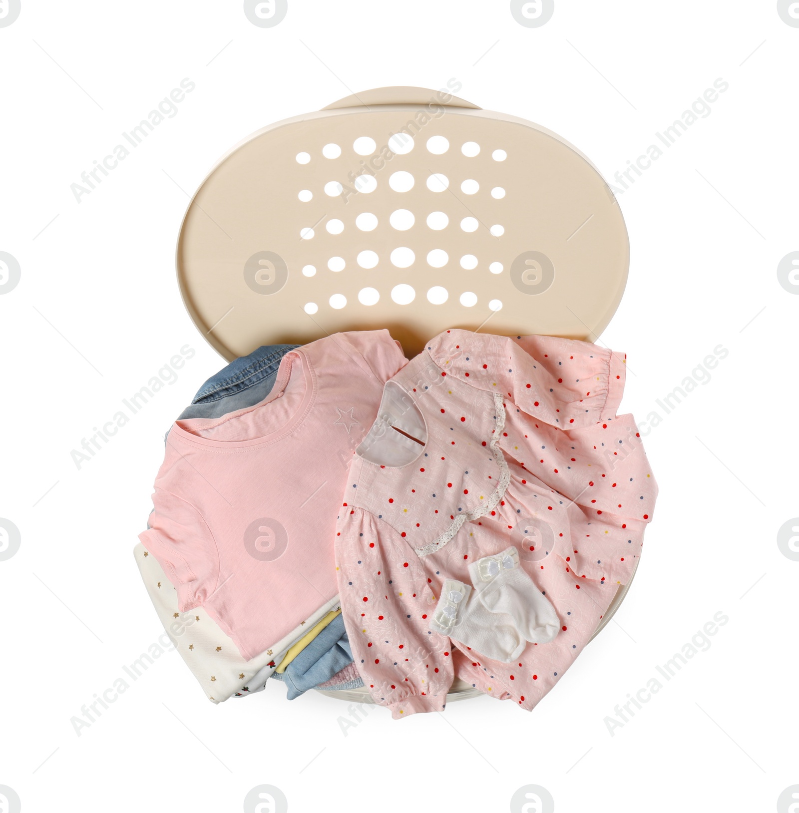 Photo of Laundry basket with baby clothes isolated on white, top view