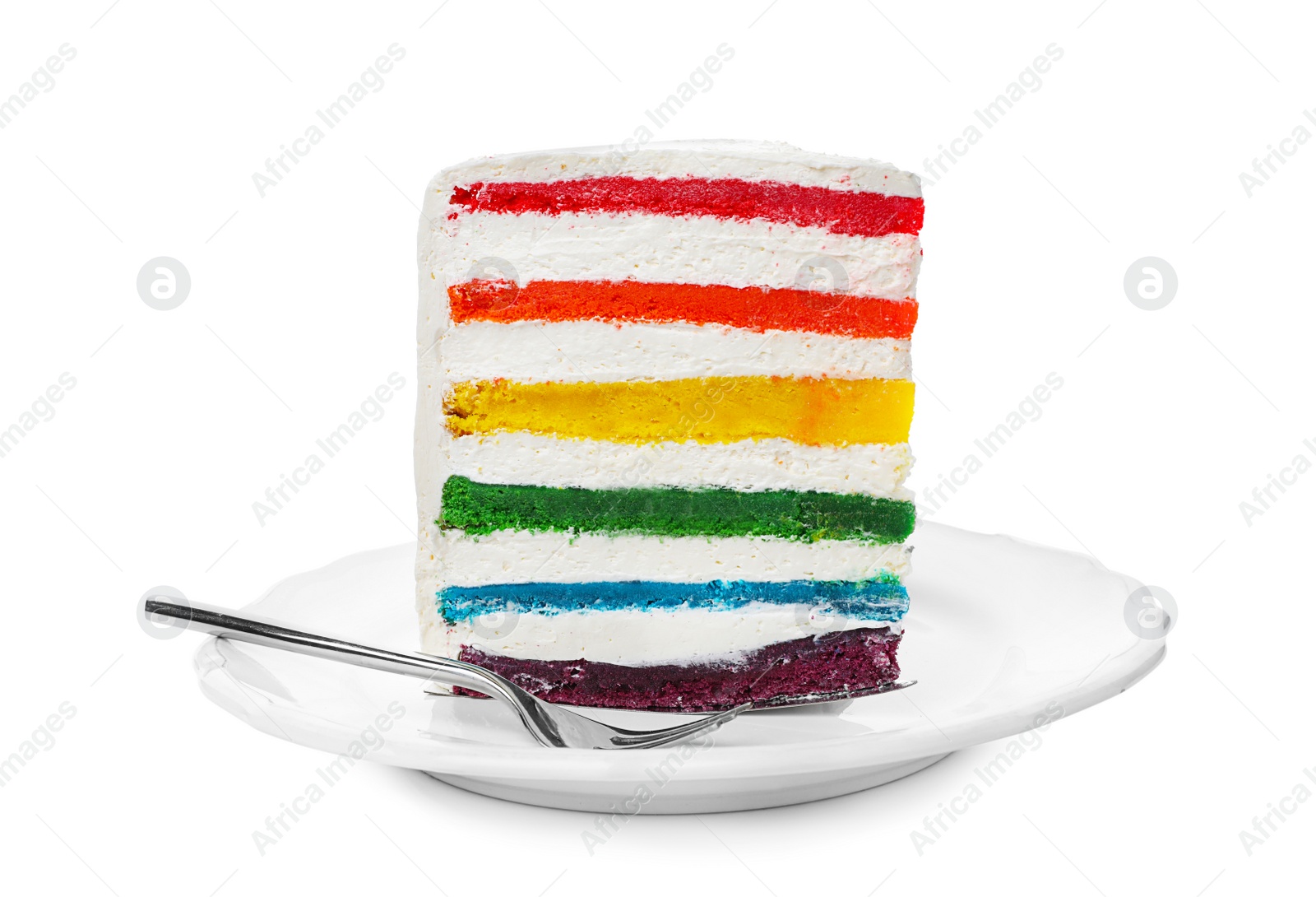 Photo of Slice of delicious rainbow cake on white background