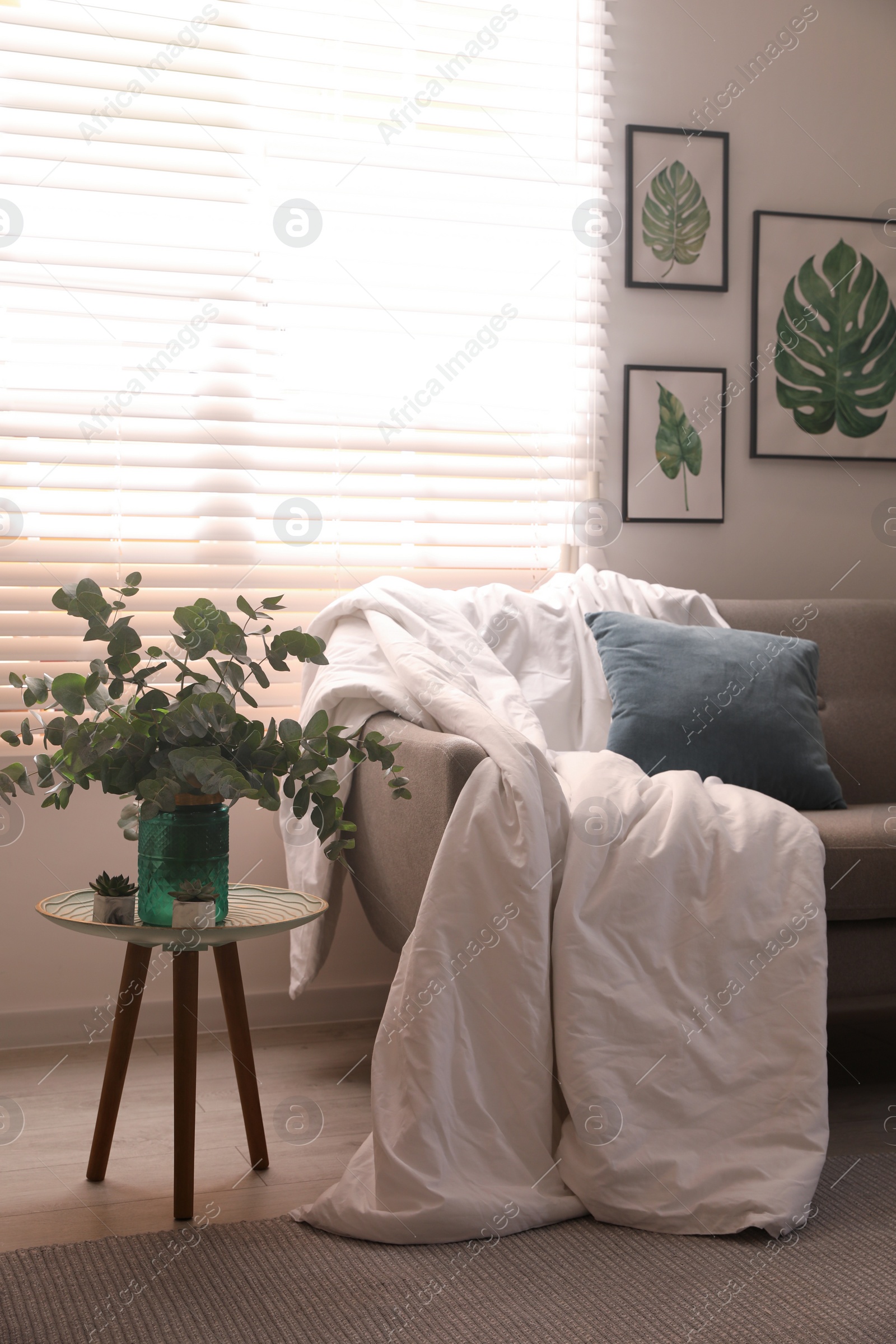 Photo of Comfortable sofa with blanket in stylish room interior