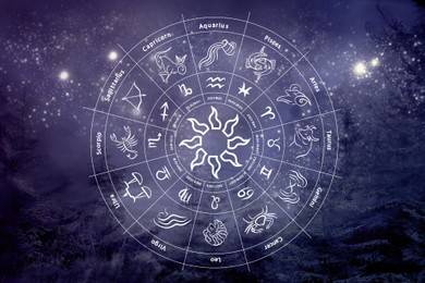 Image of Zodiac wheel showing 12 signs against night sky