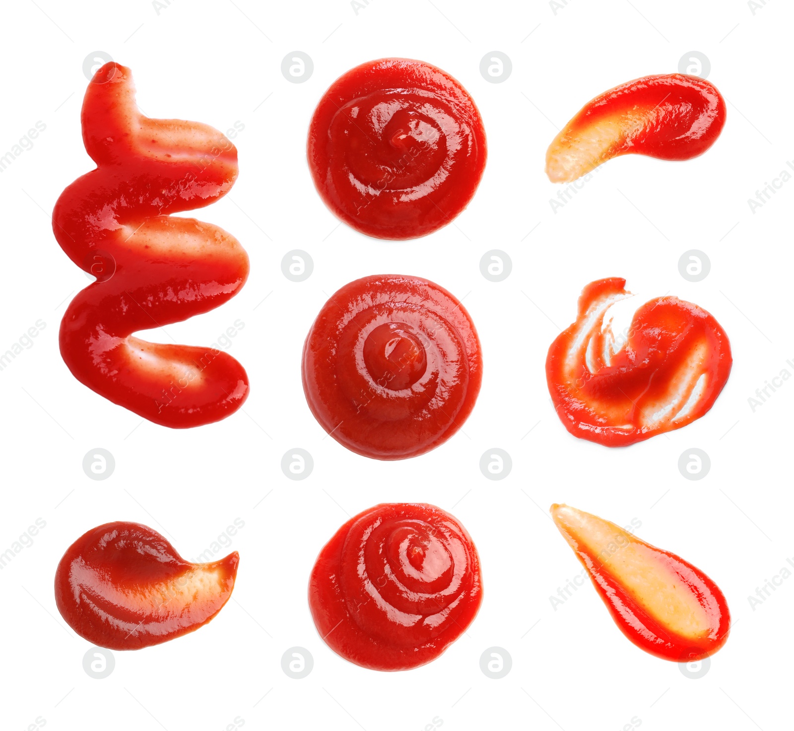 Image of Set of tasty ketchup on white background, top view. Tomato sauce