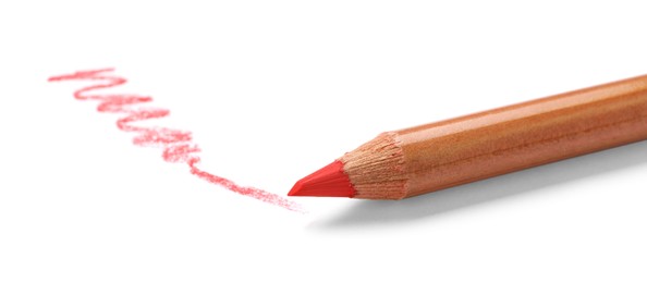 Photo of Pink pastel pencil and scribble isolated on white. Drawing supply