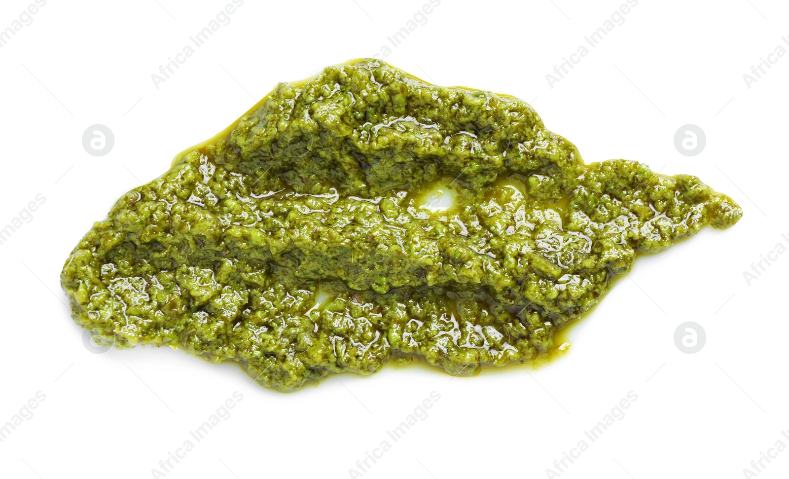 Photo of Sample of tasty pesto sauce isolated on white, top view