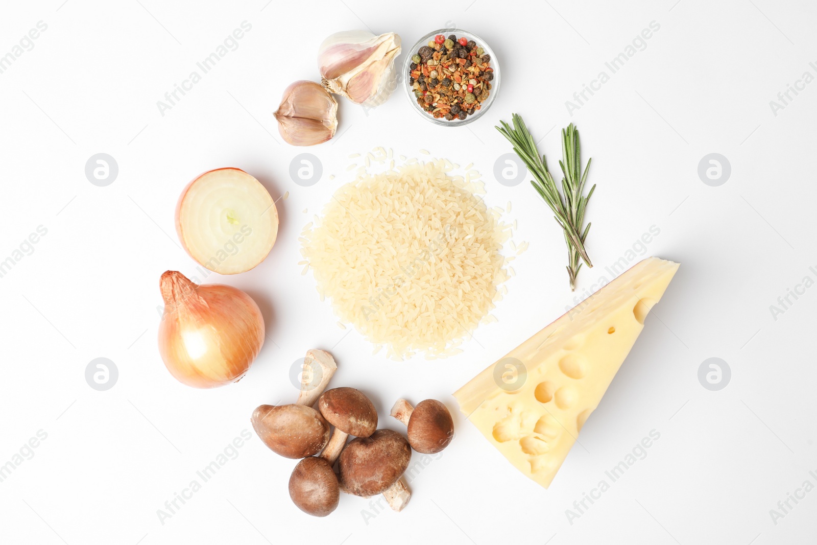 Photo of Different ingredients on white background, top view. Risotto recipe