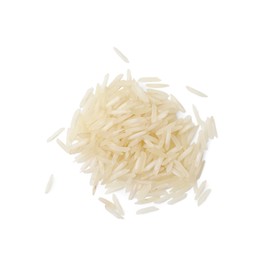 Photo of Pile of raw rice isolated on white, top view