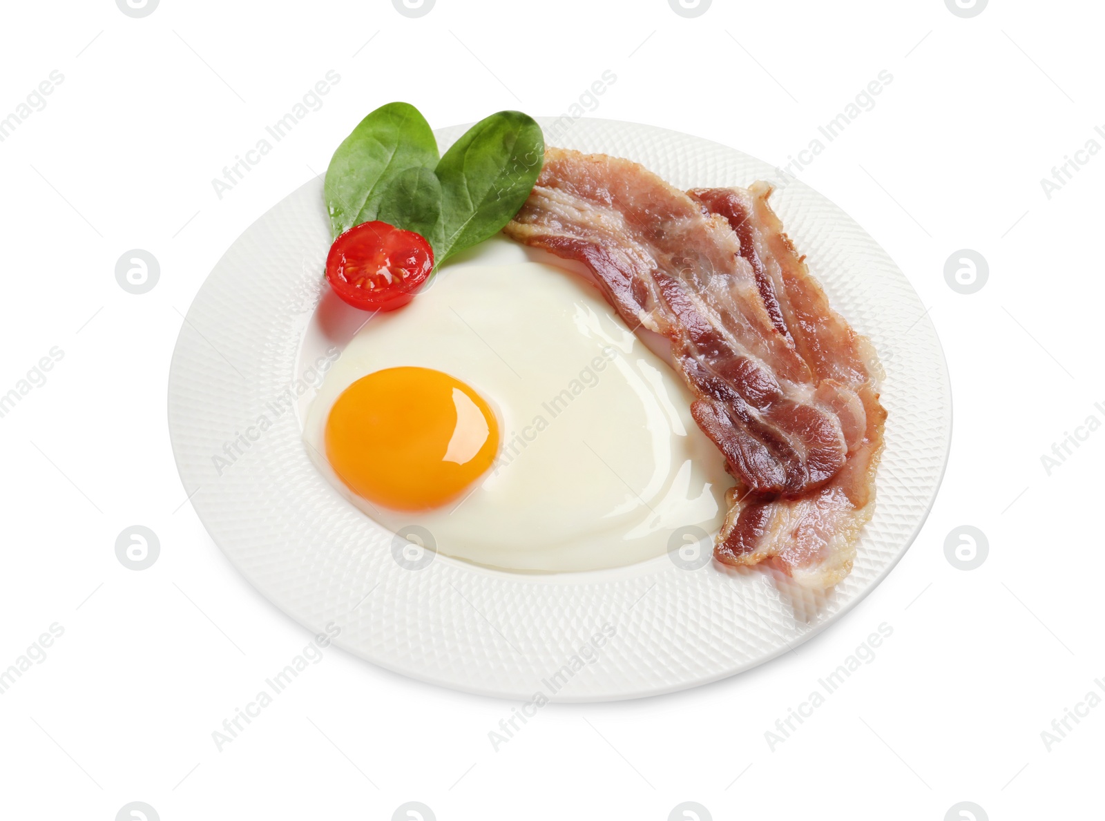 Photo of Tasty fried egg with bacon in plate isolated on white