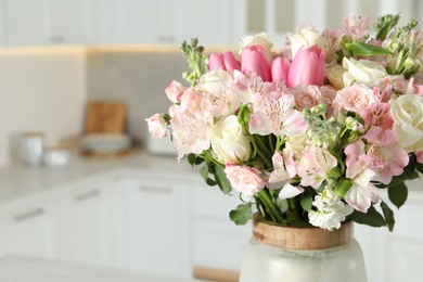 Beautiful bouquet of fresh flowers in vase indoors