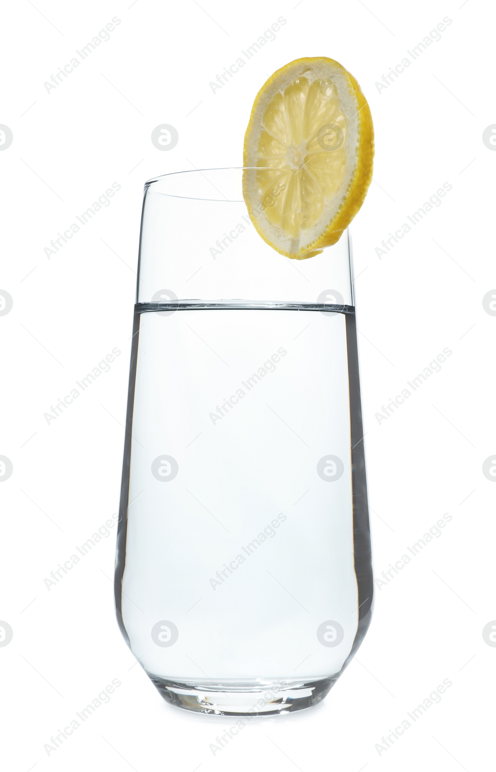 Photo of Glass of water with lemon on white background. Refreshing drink