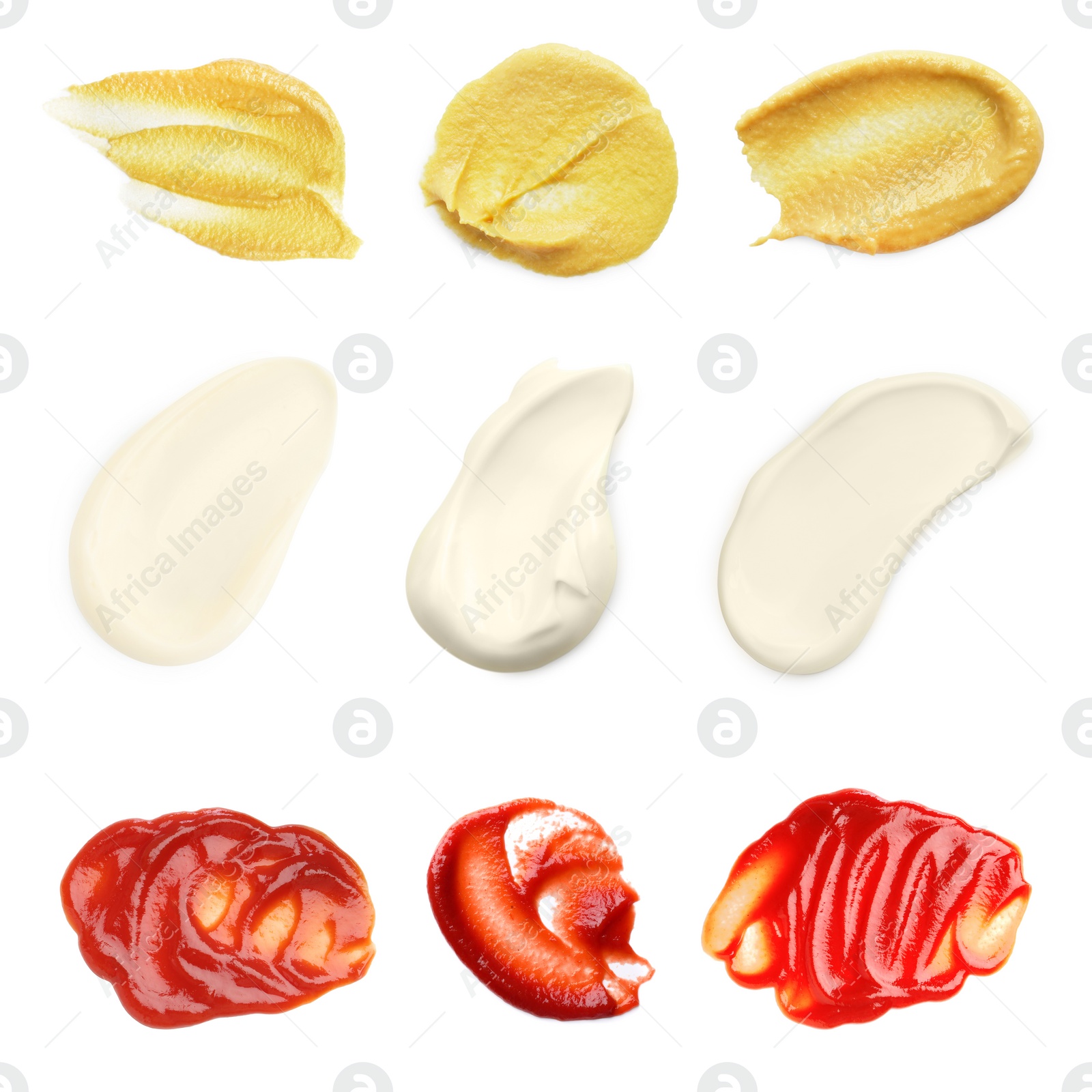 Image of Set of different sauces isolated on white, top view