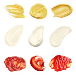 Image of Set of different sauces isolated on white, top view