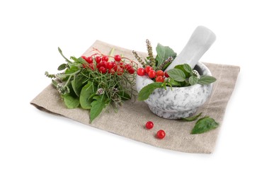 Cloth and marble mortar with different herbs, berries and pestle on white background