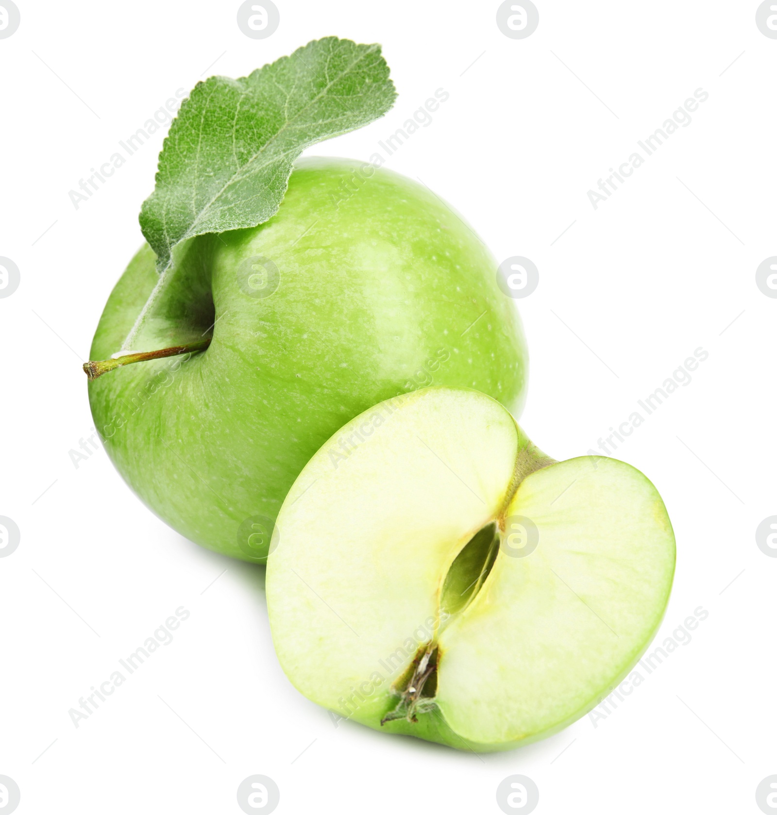 Photo of Fresh ripe green apples with leaf on white background