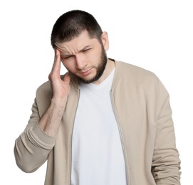 Photo of Man suffering from headache on white background