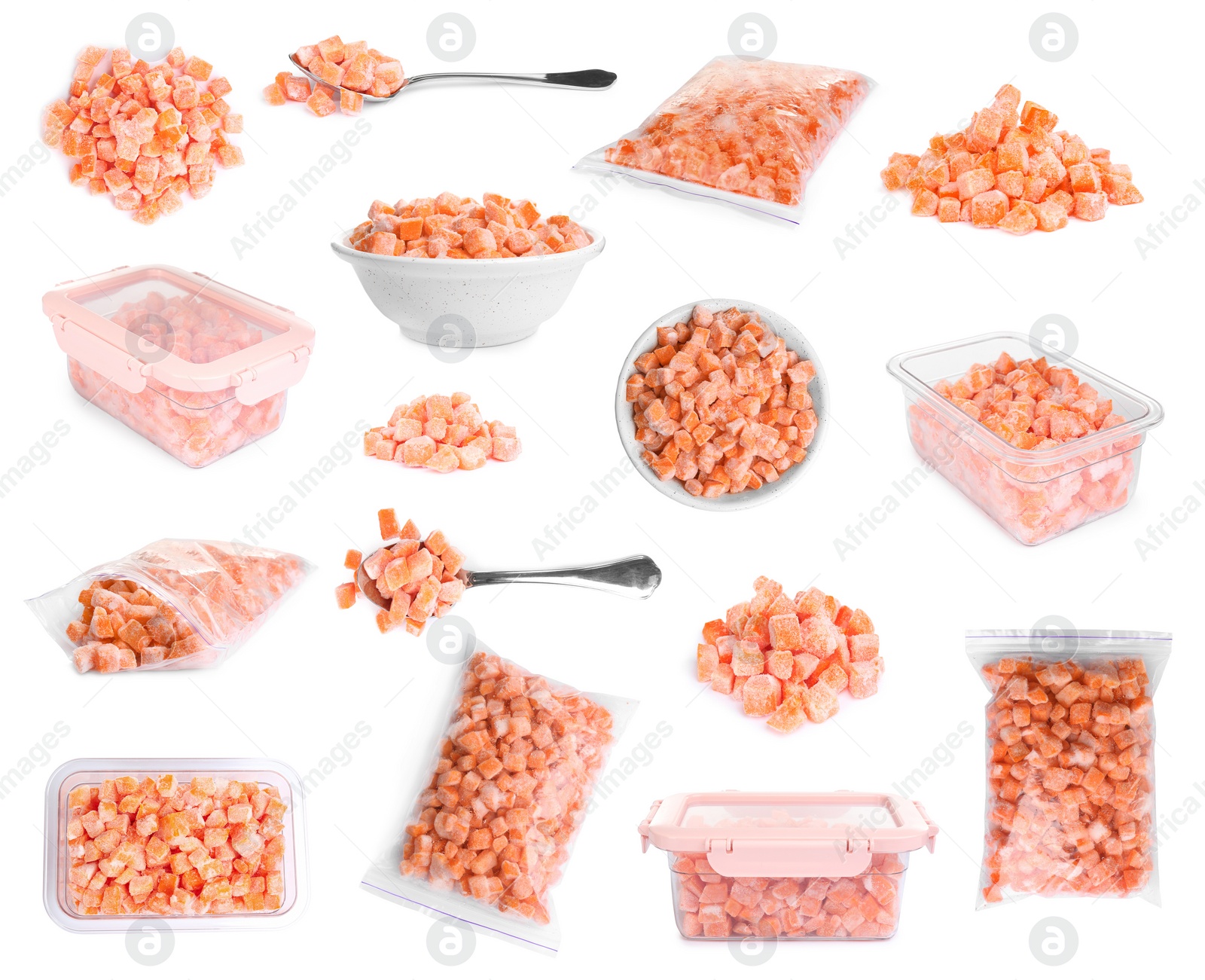 Image of Set of frozen carrots on white background. Vegetable preservation