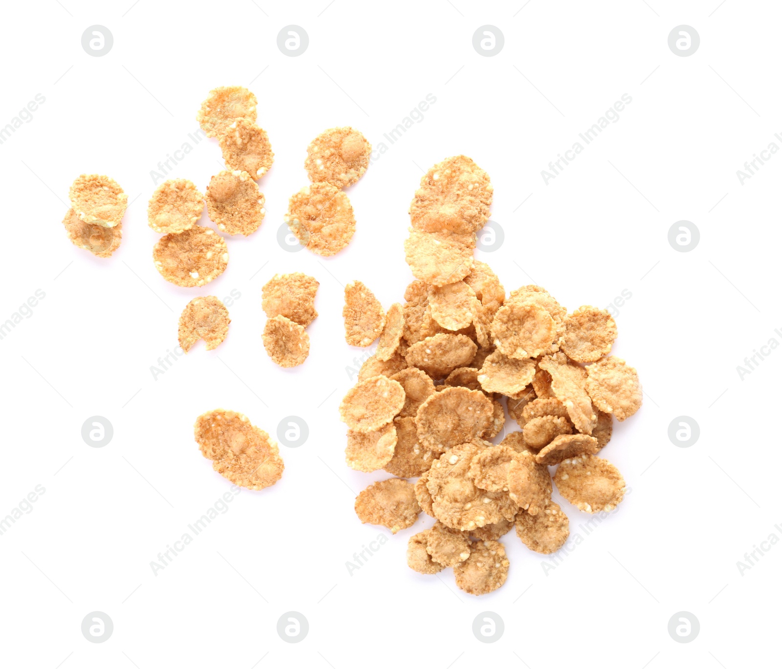 Photo of Wheat flakes on white background. Healthy grains and cereals