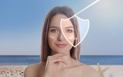Image of SPF shield and beautiful young woman with healthy skin outdoors. Sun protection cosmetic product