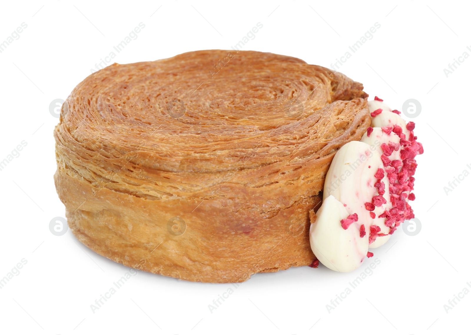 Photo of Round croissant with cream isolated on white. Tasty puff pastry