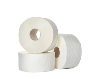 Photo of Rolls of toilet paper on white background