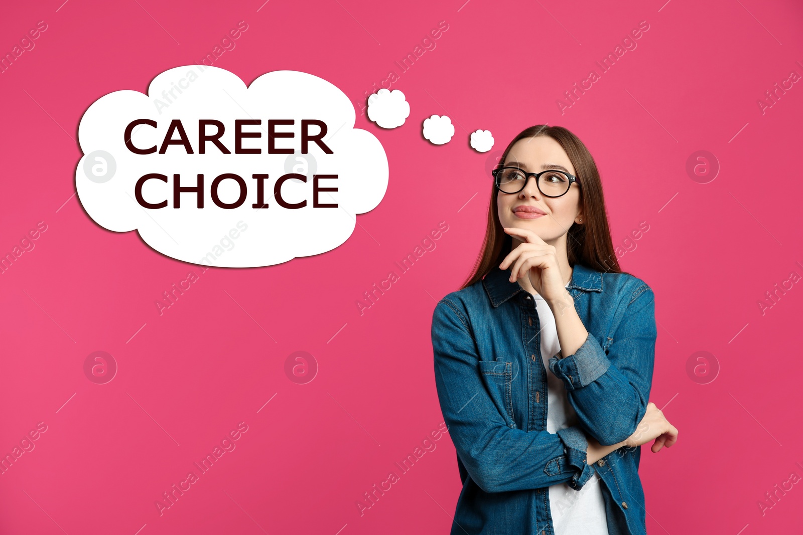 Image of Woman thinking about career choice on pink background