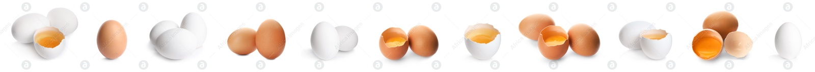 Image of Set of whole and broken eggs on white background, banner design