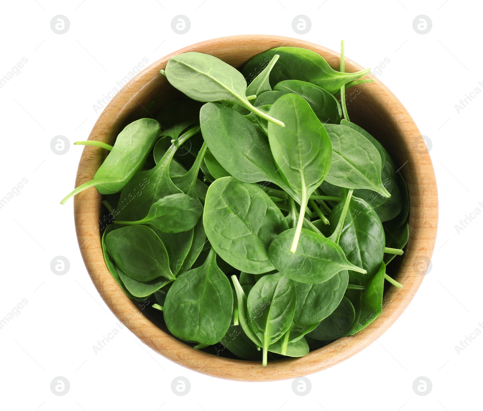 Photo of Wooden bowl of fresh green healthy baby spinach on white background, top view