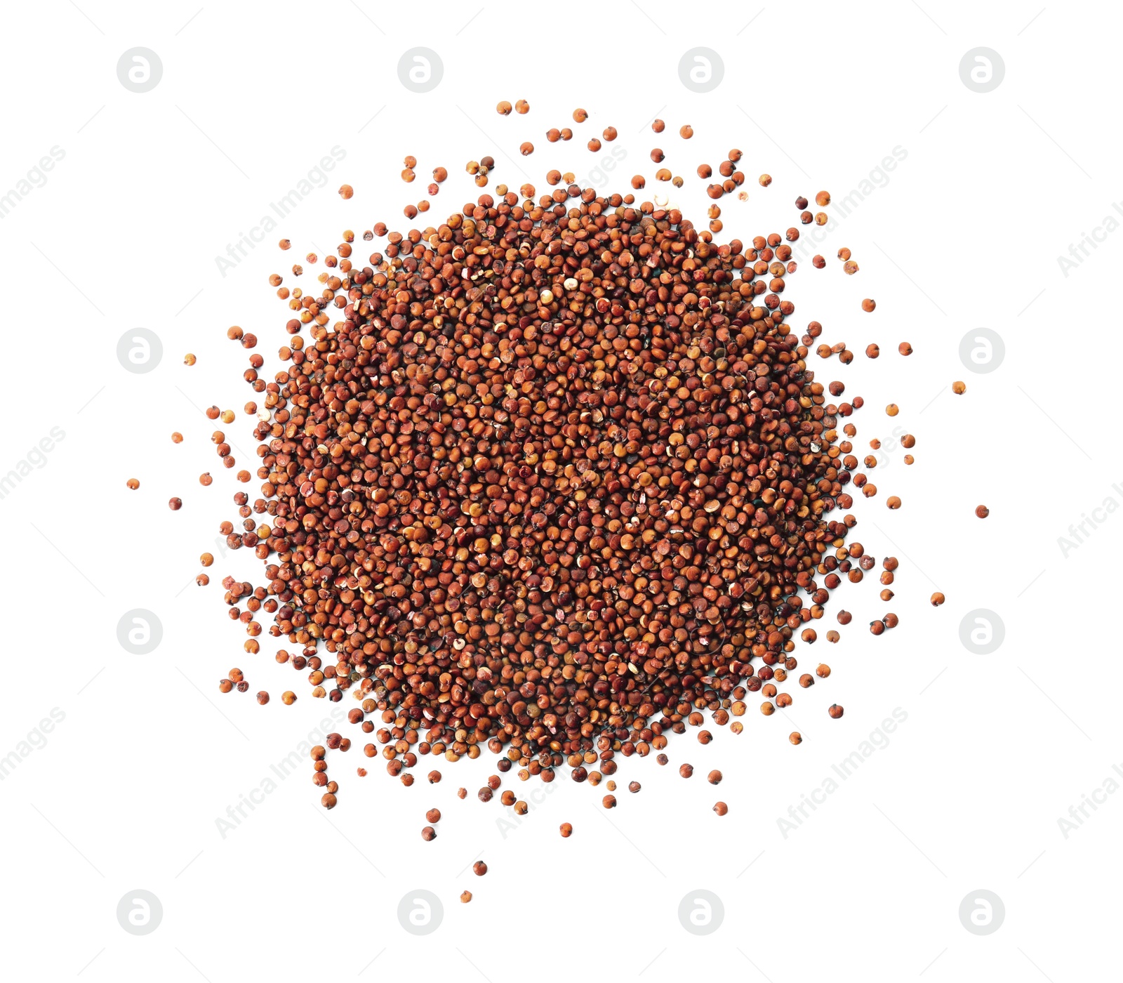 Photo of Pile of red quinoa on white background, top view