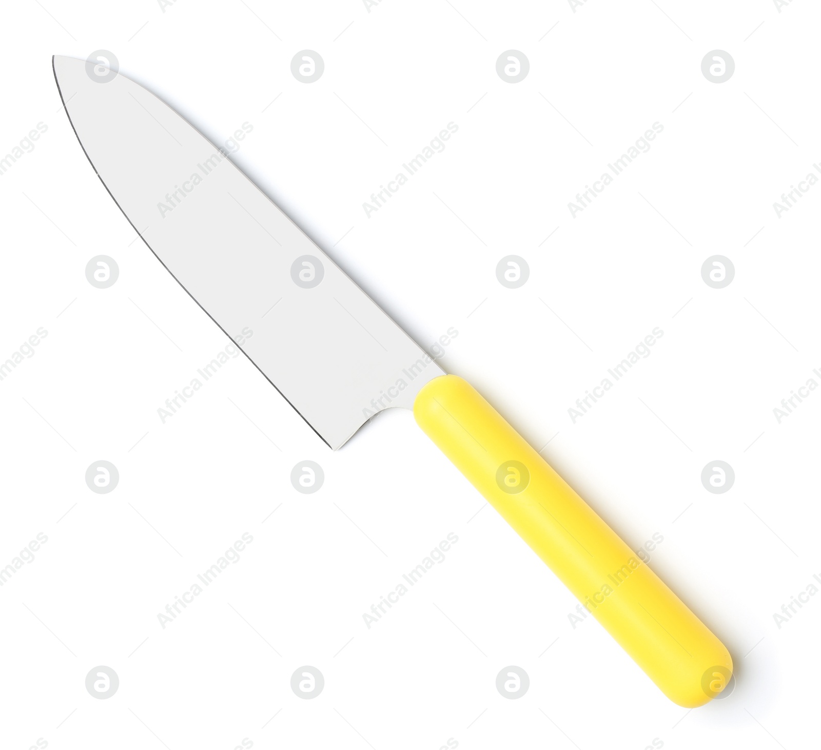 Photo of Sharp chef's knife on white background. Kitchen utensil