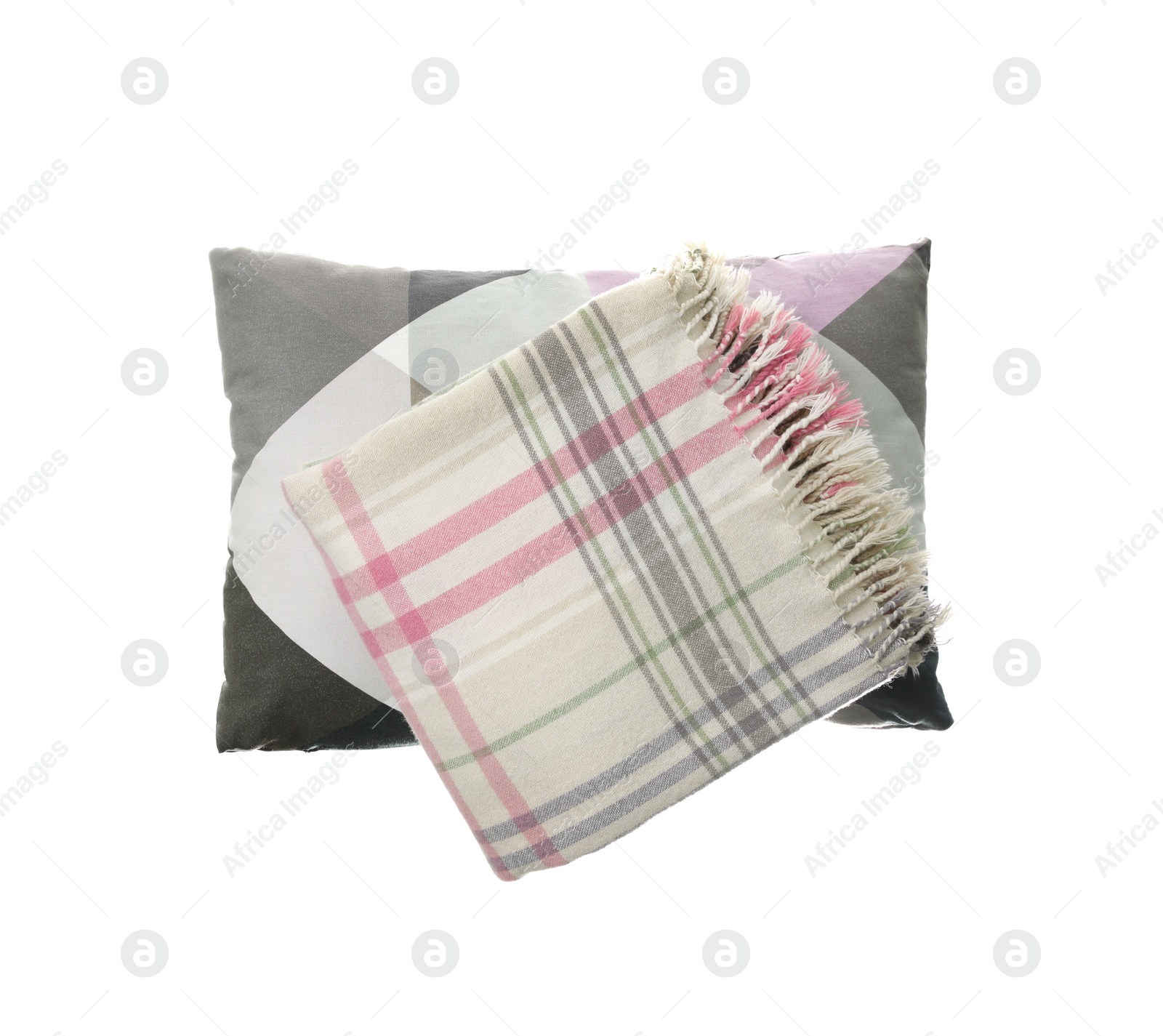 Photo of Stylish pillow and plaid isolated on white, top view