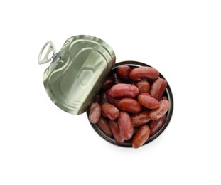 Tin can of canned red kidney beans on white background, top view