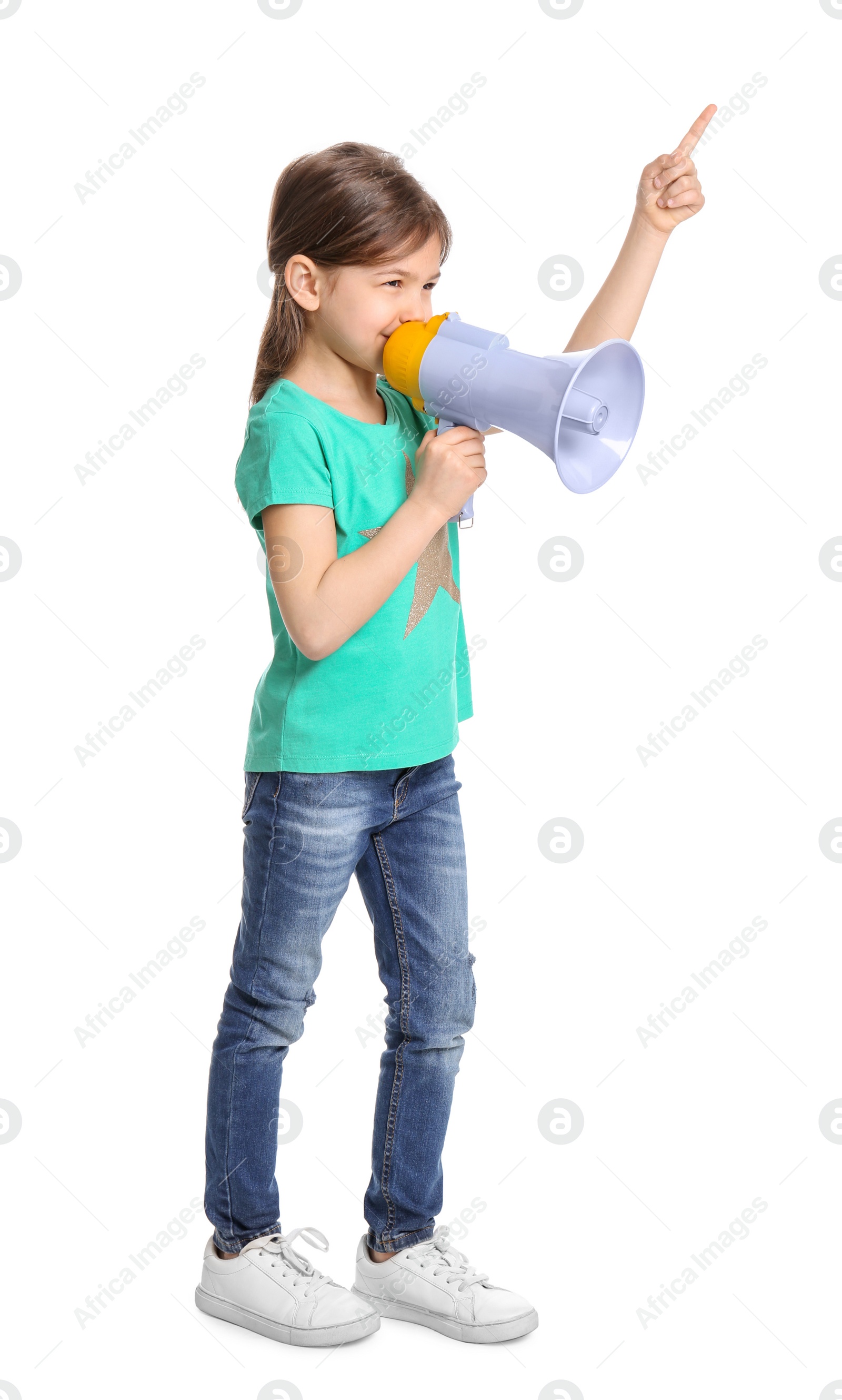 Photo of Adorable little girl with megaphone on white background