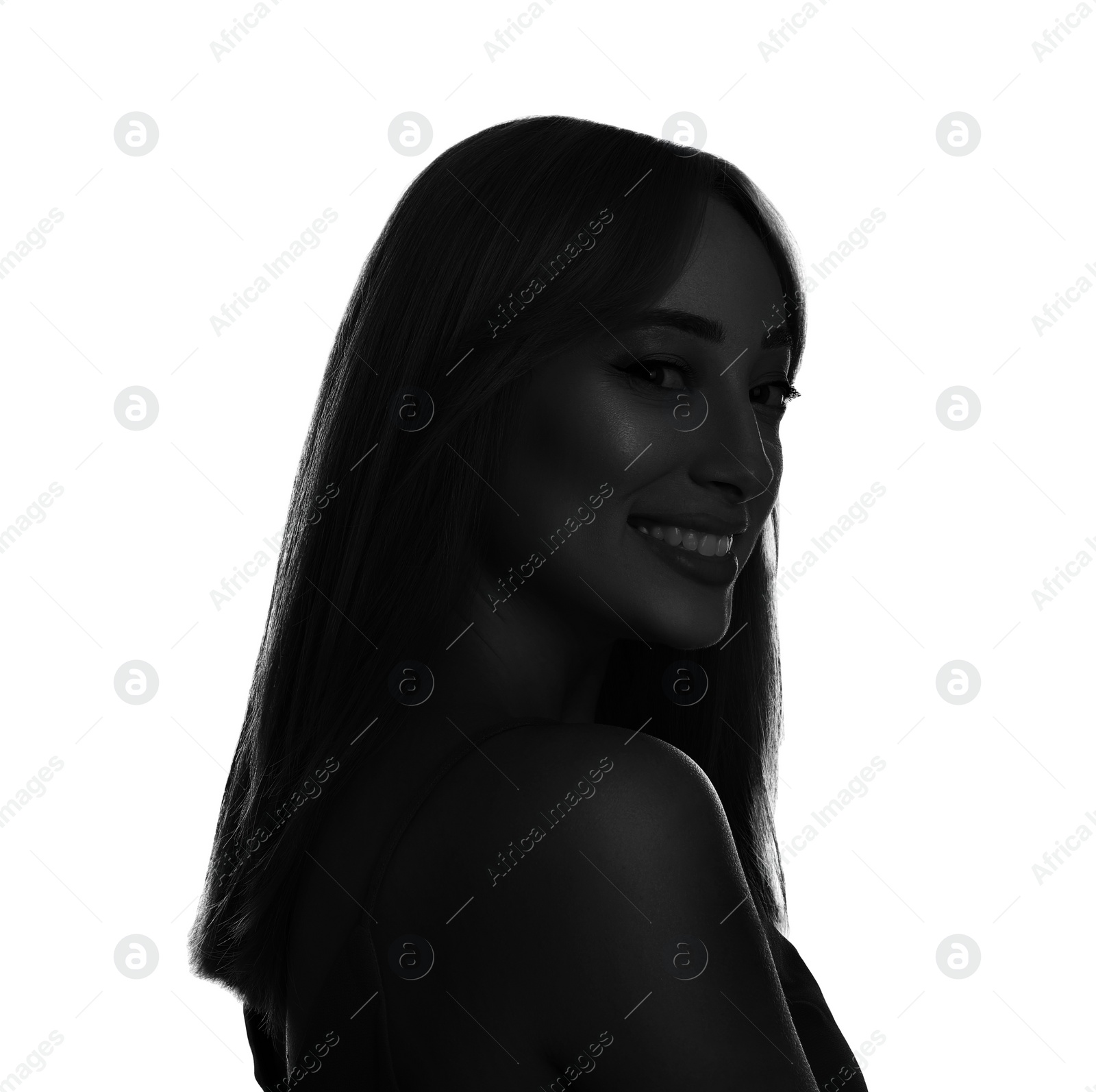 Image of Silhouette of happy woman isolated on white