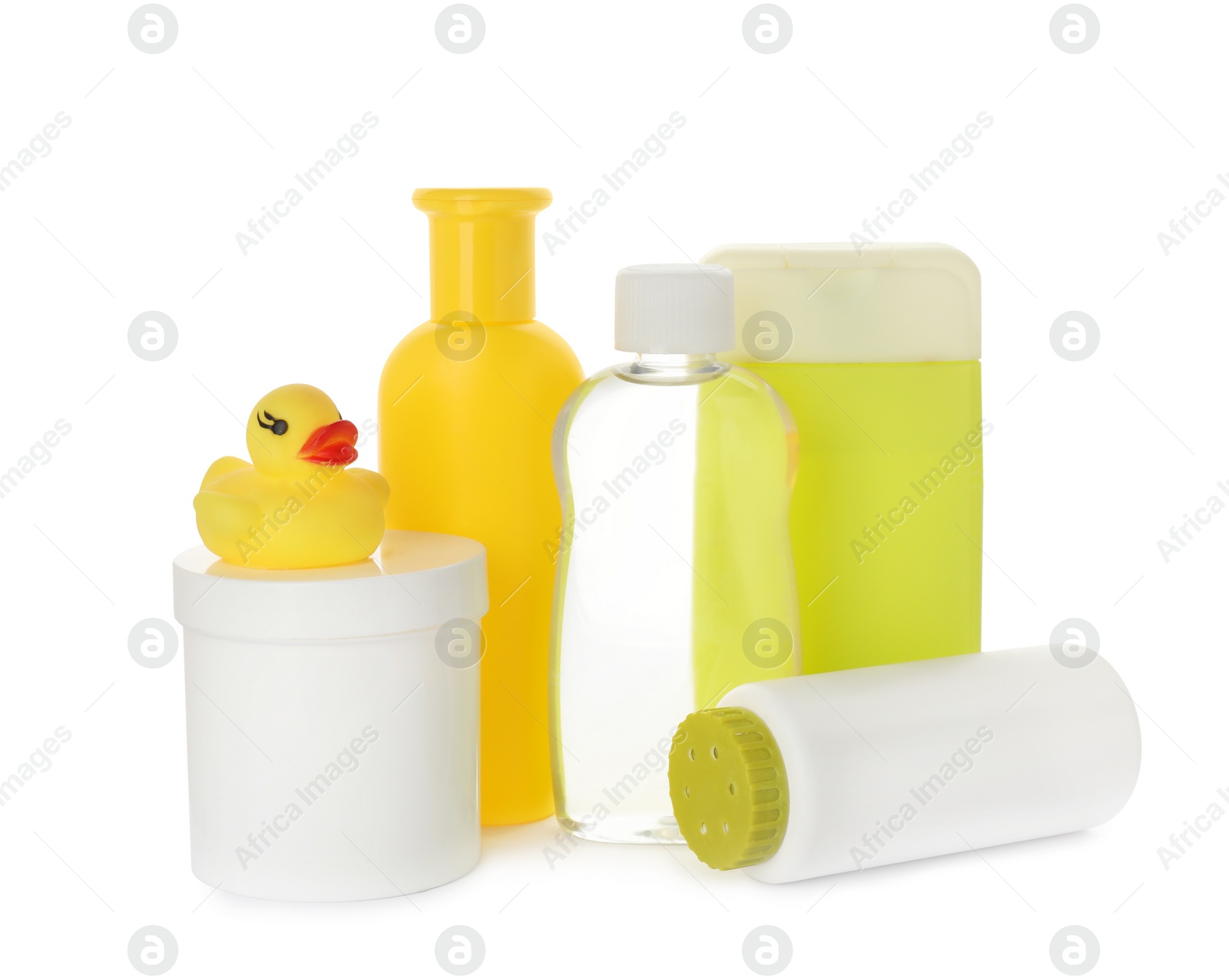 Photo of Set with different baby cosmetic products and dusting powder on white background