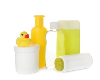 Photo of Set with different baby cosmetic products and dusting powder on white background