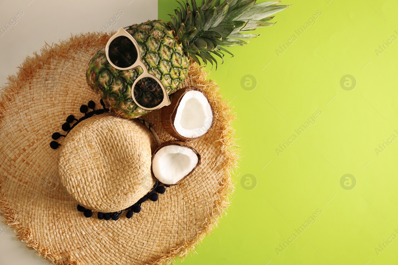 Photo of Flat lay composition with bamboo hat and space for text on color background