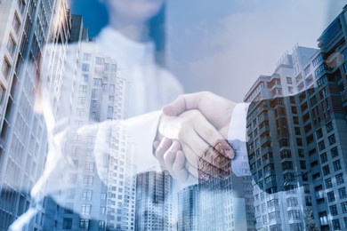 Image of Partnership, cooperation, collaboration. Double exposure of buildings and people shaking hands