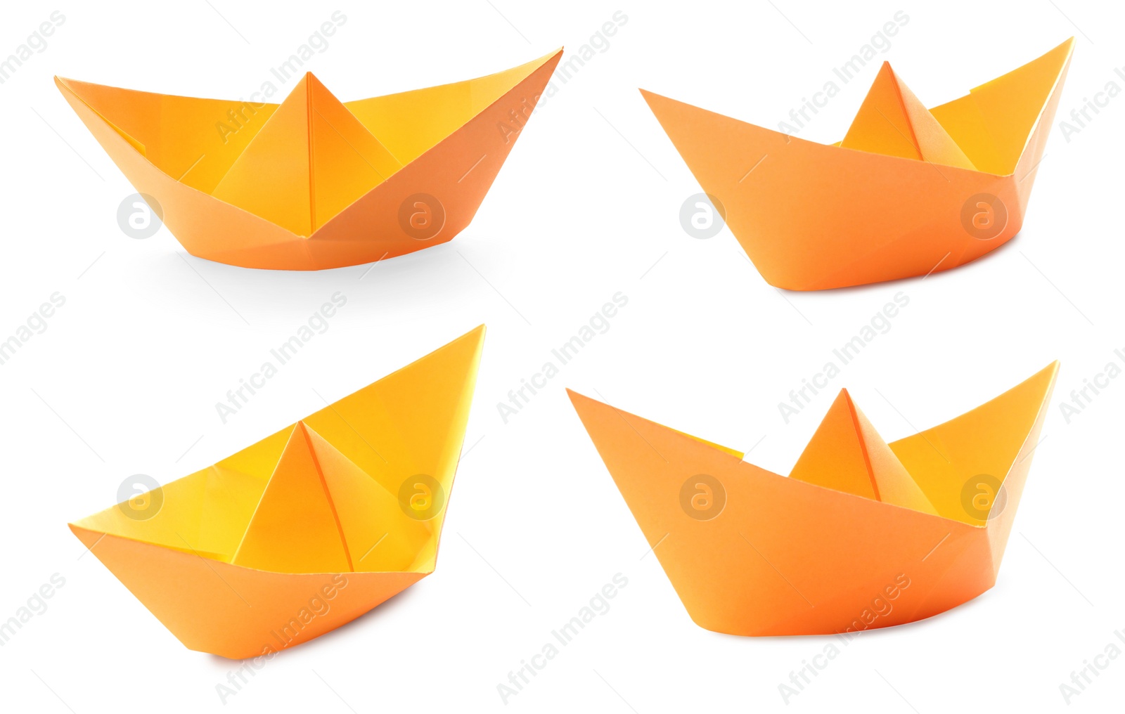 Image of Set with orange paper boats on white background