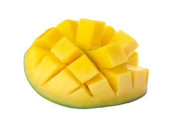 Photo of Half of ripe mango cut into cubes isolated on white